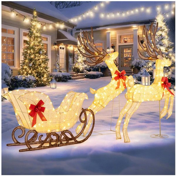 COSTWAY Weihnachtsfigur, 3-tlg. Weihnachtsdeko, LED Rentier mit Schlitten, XXL