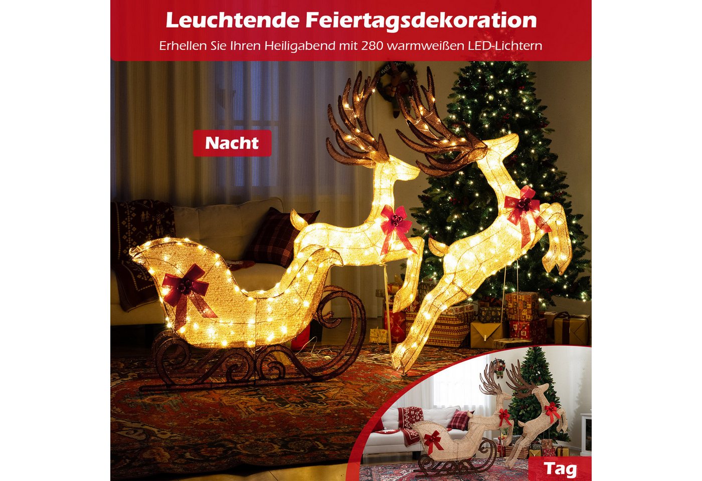 COSTWAY Weihnachtsfigur, 3-tlg. Weihnachtsdeko, LED Rentier mit Schlitten, XXL – Bild 2 von 5