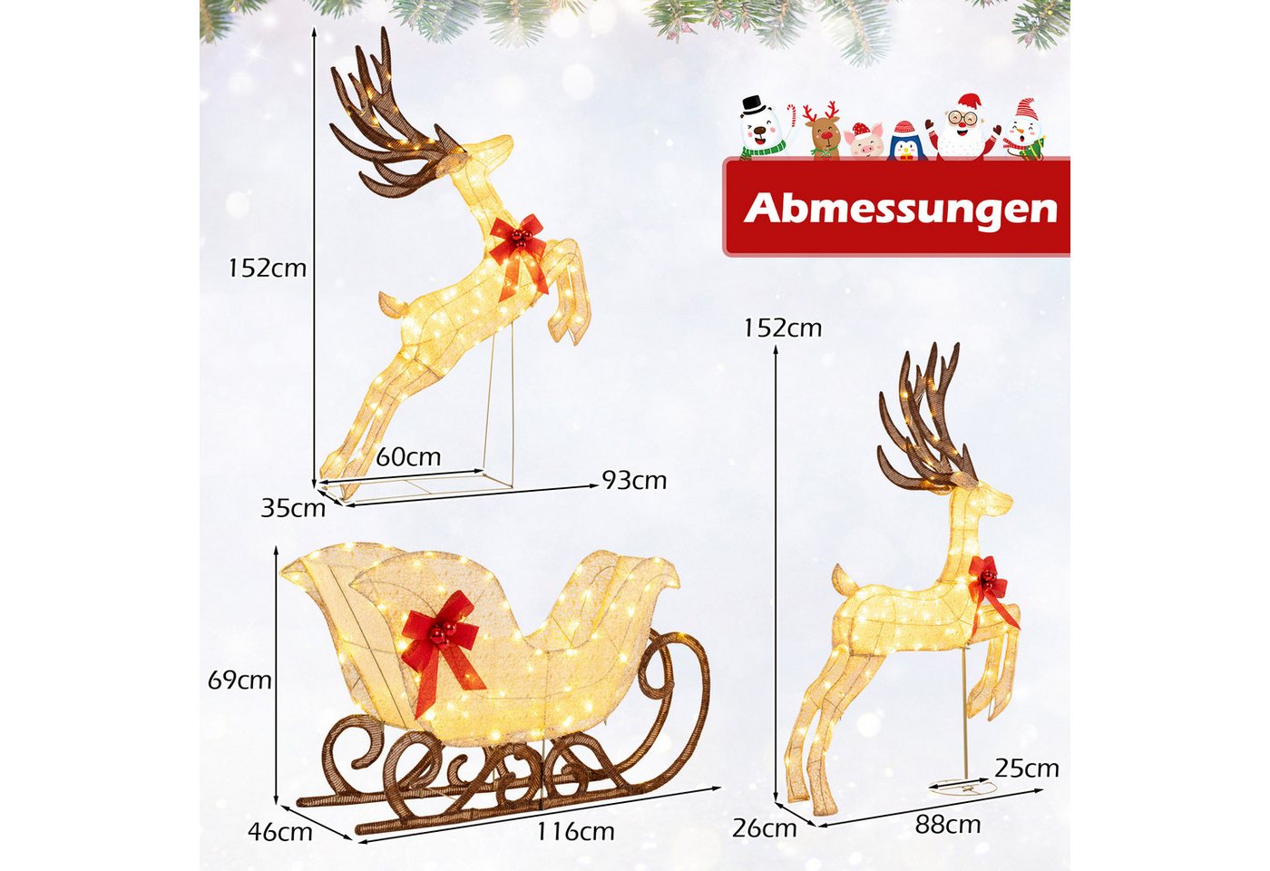 COSTWAY Weihnachtsfigur, 3-tlg. Weihnachtsdeko, LED Rentier mit Schlitten, XXL – Bild 3 von 5