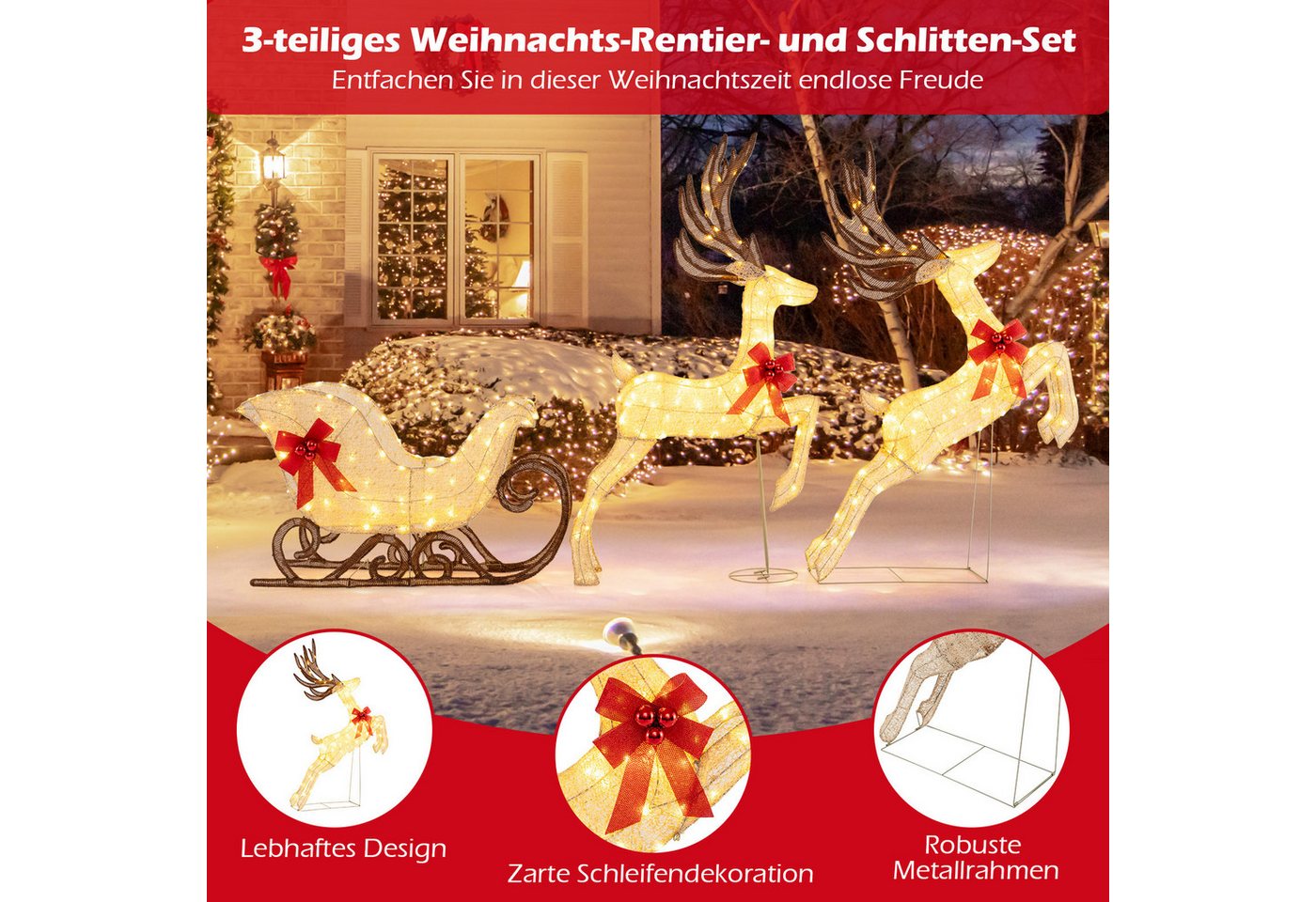 COSTWAY Weihnachtsfigur, 3-tlg. Weihnachtsdeko, LED Rentier mit Schlitten, XXL – Bild 4 von 5