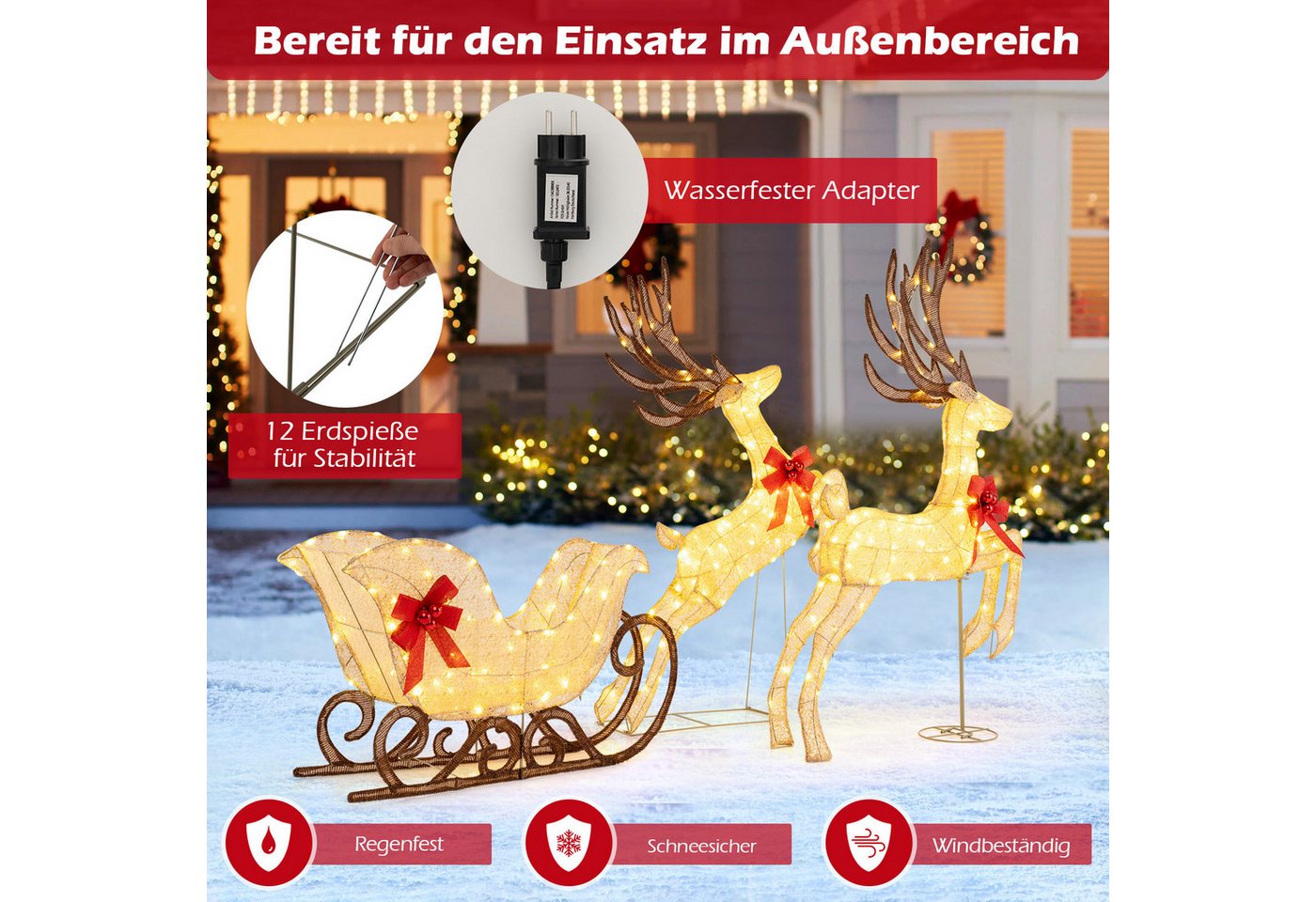 COSTWAY Weihnachtsfigur, 3-tlg. Weihnachtsdeko, LED Rentier mit Schlitten, XXL – Bild 5 von 5