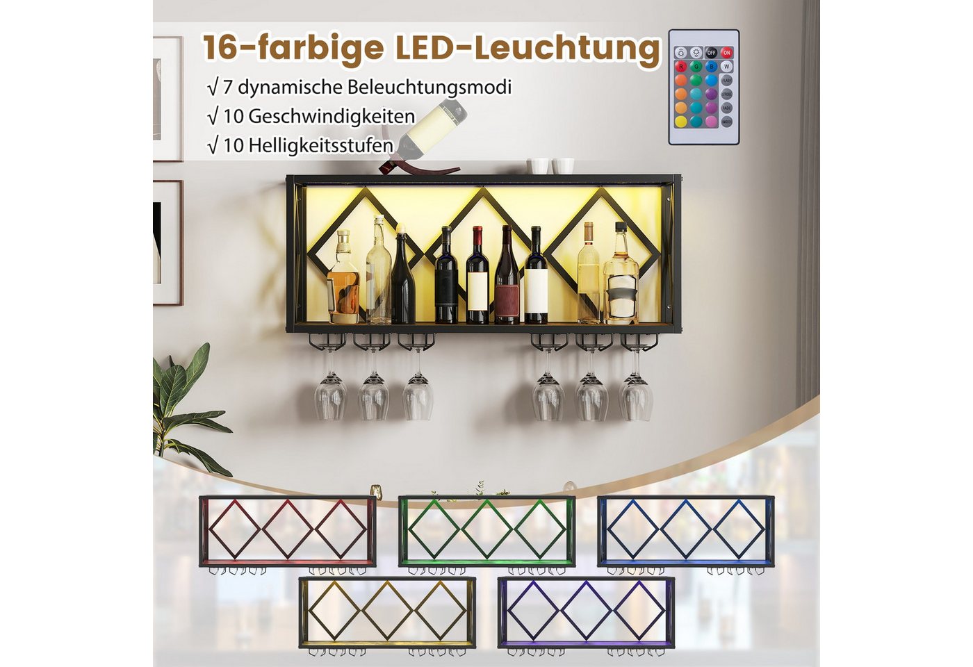 COSTWAY Weinregal, Wand mit LED, 2 Ebenen Flaschenregal Holz für 39 Flaschen – Bild 2 von 5