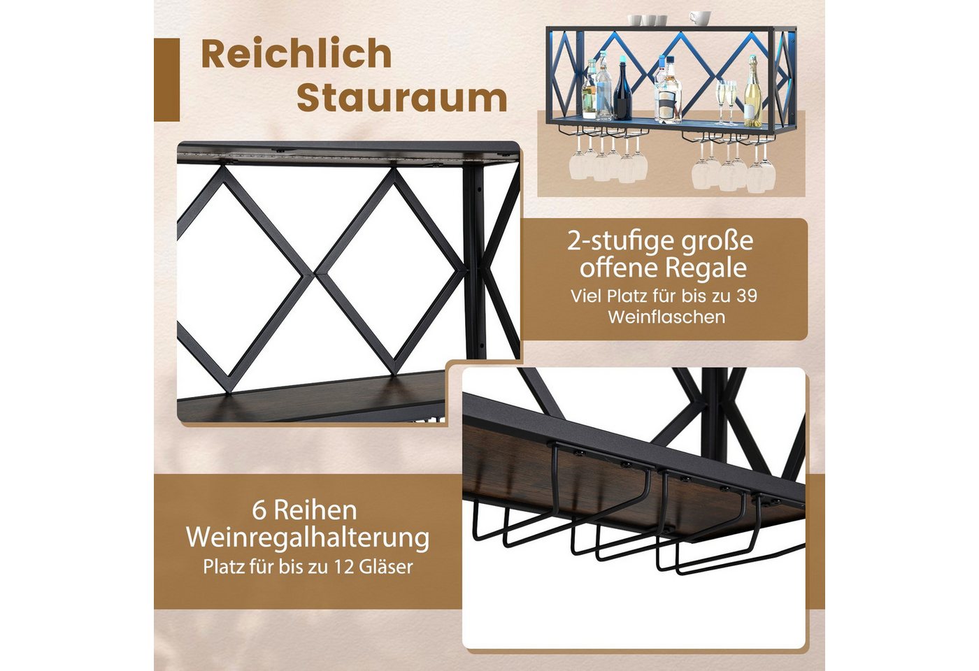 COSTWAY Weinregal, Wand mit LED, 2 Ebenen Flaschenregal Holz für 39 Flaschen – Bild 3 von 5