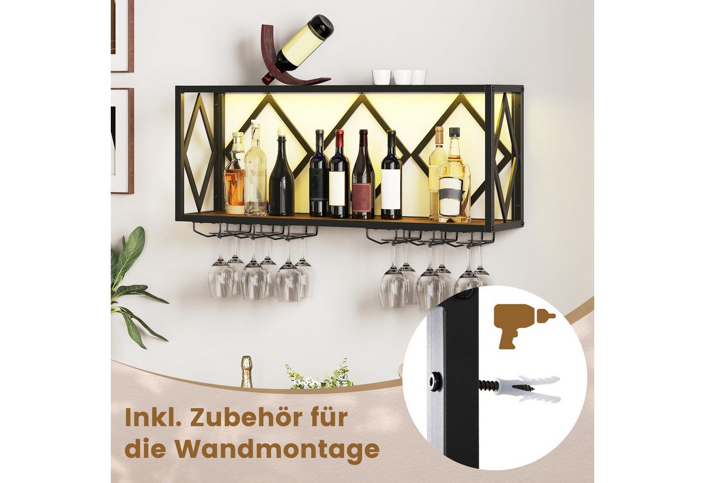 COSTWAY Weinregal, Wand mit LED, 2 Ebenen Flaschenregal Holz für 39 Flaschen – Bild 4 von 5