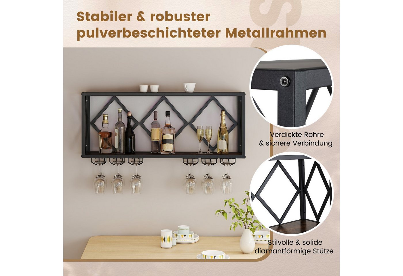 COSTWAY Weinregal, Wand mit LED, 2 Ebenen Flaschenregal Holz für 39 Flaschen – Bild 5 von 5