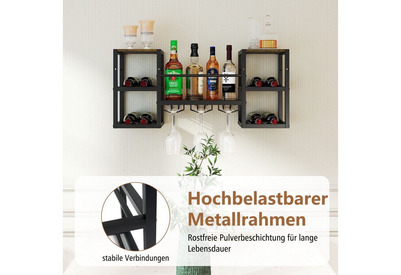 COSTWAY Weinregal, Wandregal, 8 Flaschen & 9 Gläser Flaschenregal Metall – Bild 4 von 5