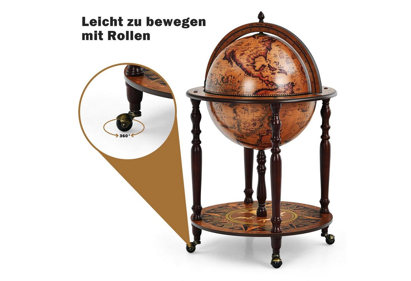 COSTWAY Weinregal Globusbar, Barschrank, Globus Weinregal Weinschrank, mit Rollen & Deckel, 60,5 x60,5 x 95,5 cm – Bild 4 von 5