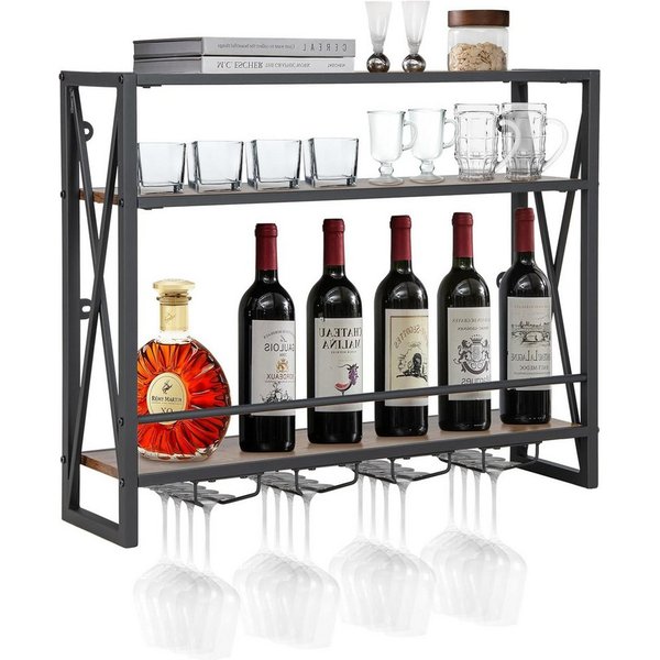 COSTWAY Weinregal Holz, klein 2 Ebenen, Hängeregal, 20x60x55cm, Elegantes Weinregal für Küche