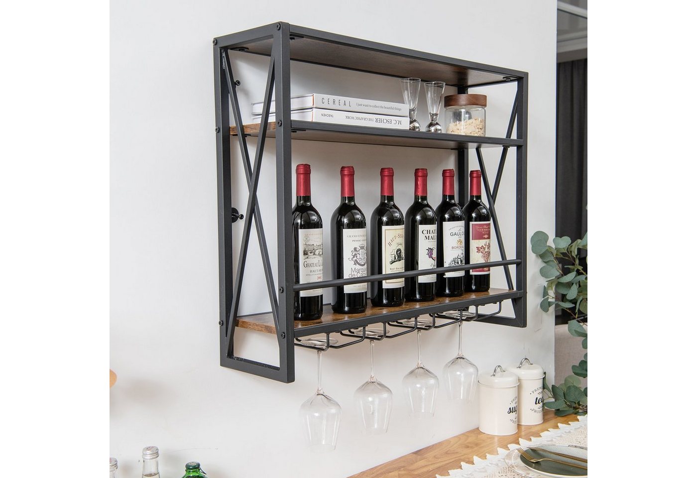 COSTWAY Weinregal Holz, klein 2 Ebenen, Hängeregal, 20x60x55cm, Elegantes Weinregal für Küche – Bild 2 von 5