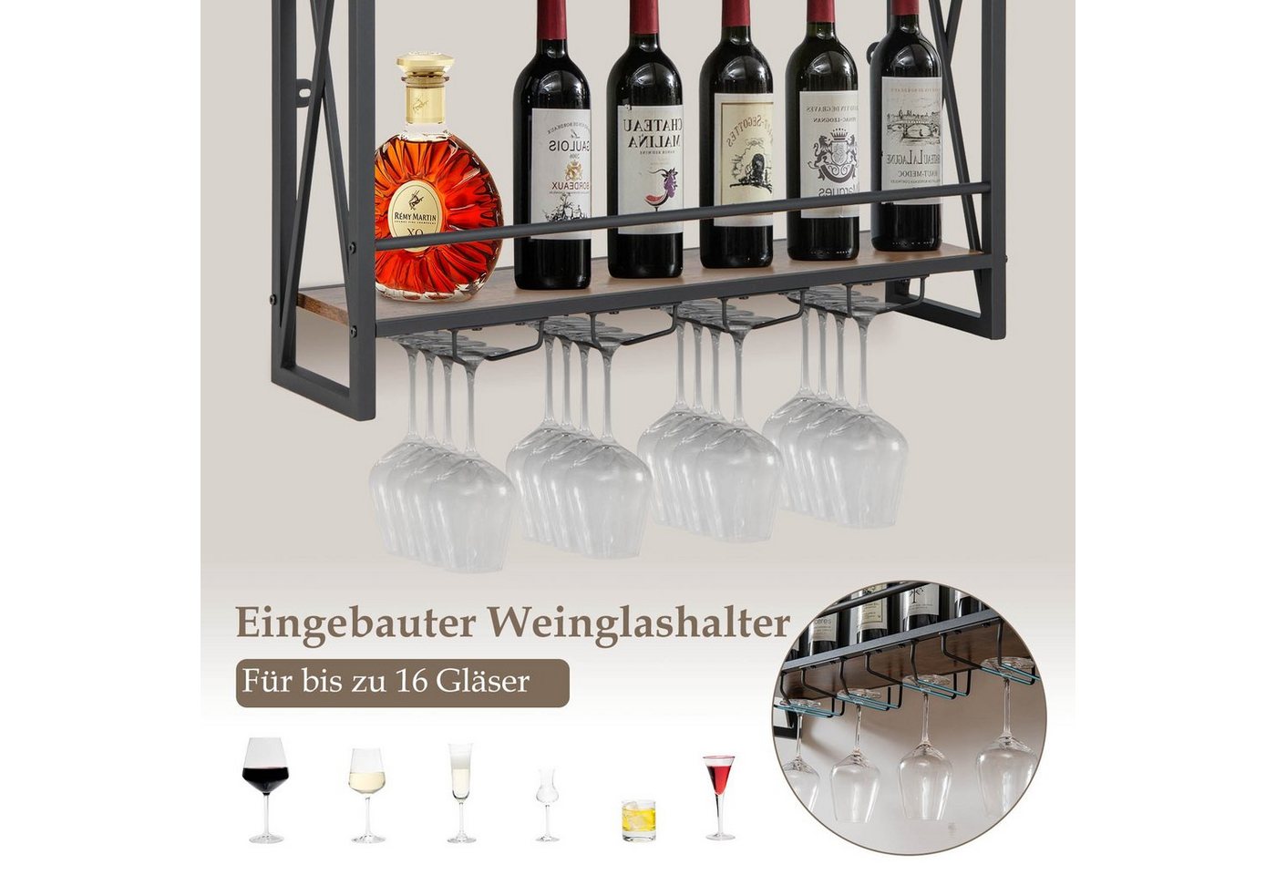 COSTWAY Weinregal Holz, klein 2 Ebenen, Hängeregal, 20x60x55cm, Elegantes Weinregal für Küche – Bild 3 von 5