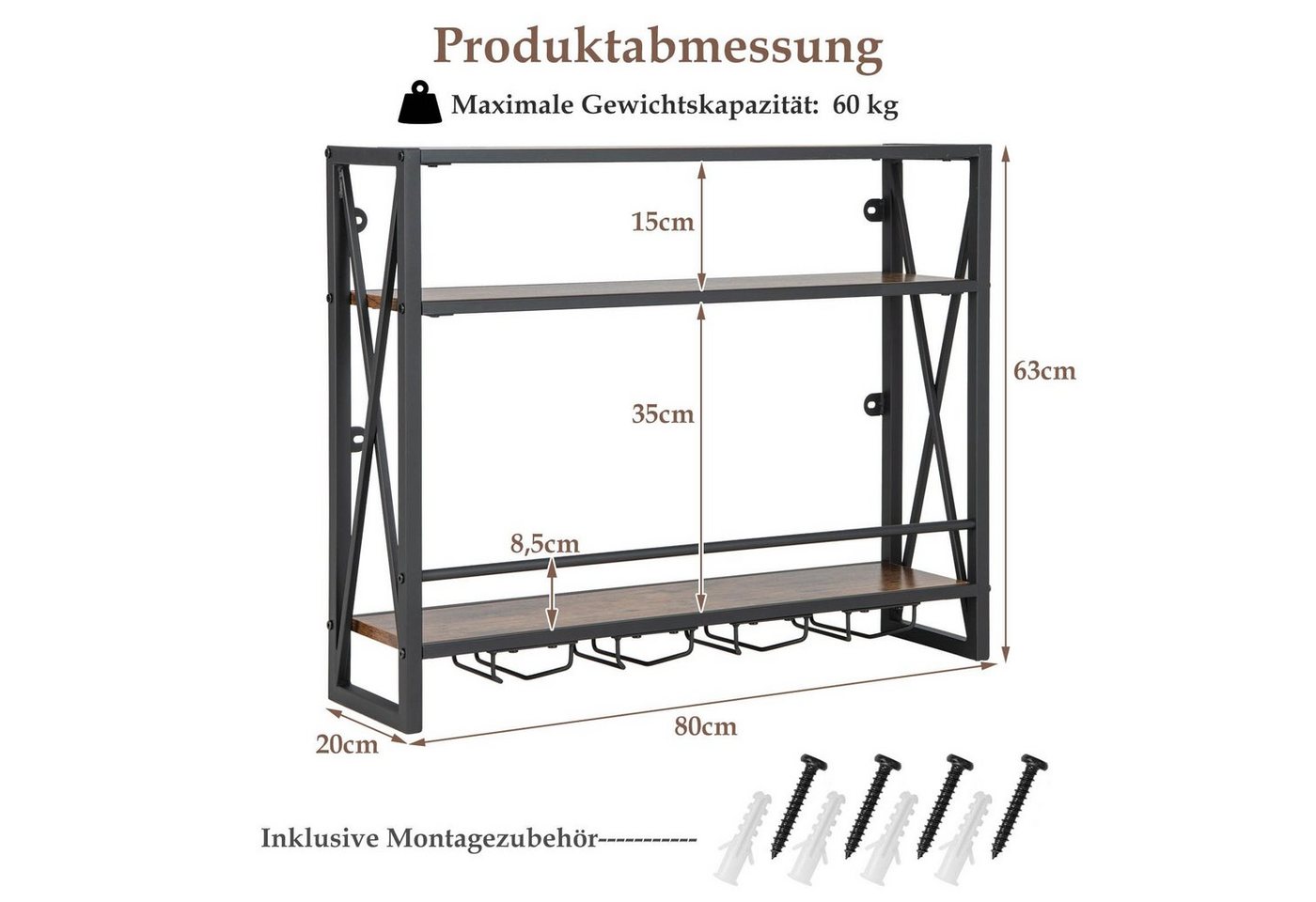 COSTWAY Weinregal Holz, klein 2 Ebenen, Hängeregal, 20x60x55cm, Elegantes Weinregal für Küche – Bild 5 von 5