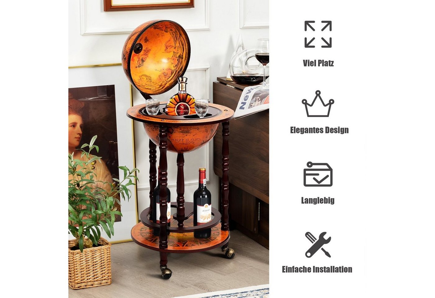 COSTWAY Weinregal stehend, Flaschenregal, Globusbar, mit Rollen & Deckel – Bild 4 von 5