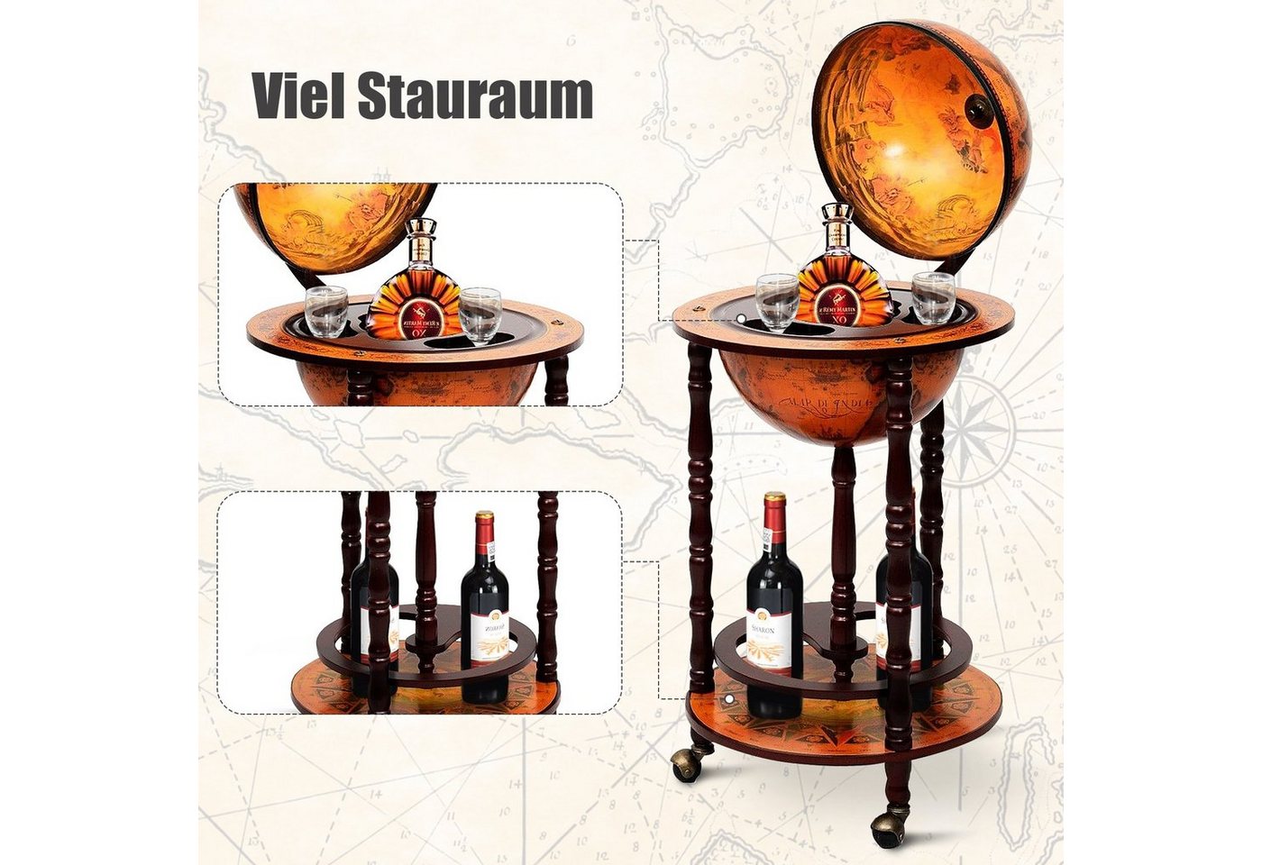 COSTWAY Weinregal stehend, Flaschenregal, Globusbar, mit Rollen & Deckel – Bild 5 von 5