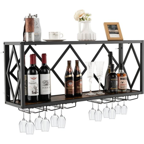COSTWAY Weinregal Wand, 2 Ebenen, Metall, 39 Flaschen&12 Gläser, 100x25x45cm