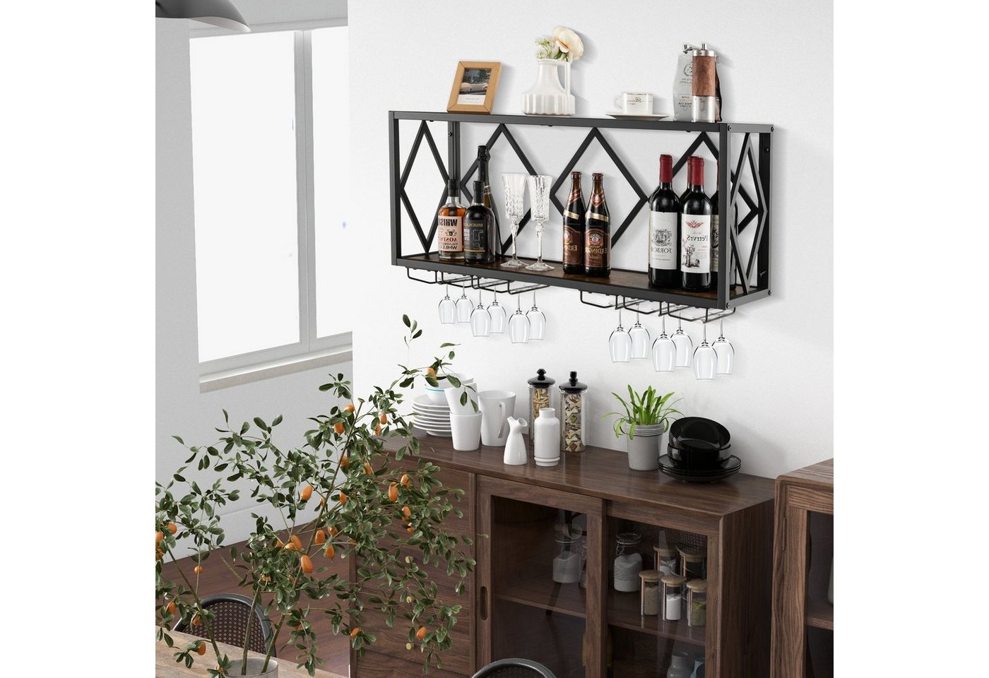 COSTWAY Weinregal Wand, 2 Ebenen, Metall, 39 Flaschen&12 Gläser, 100x25x45cm – Bild 2 von 5