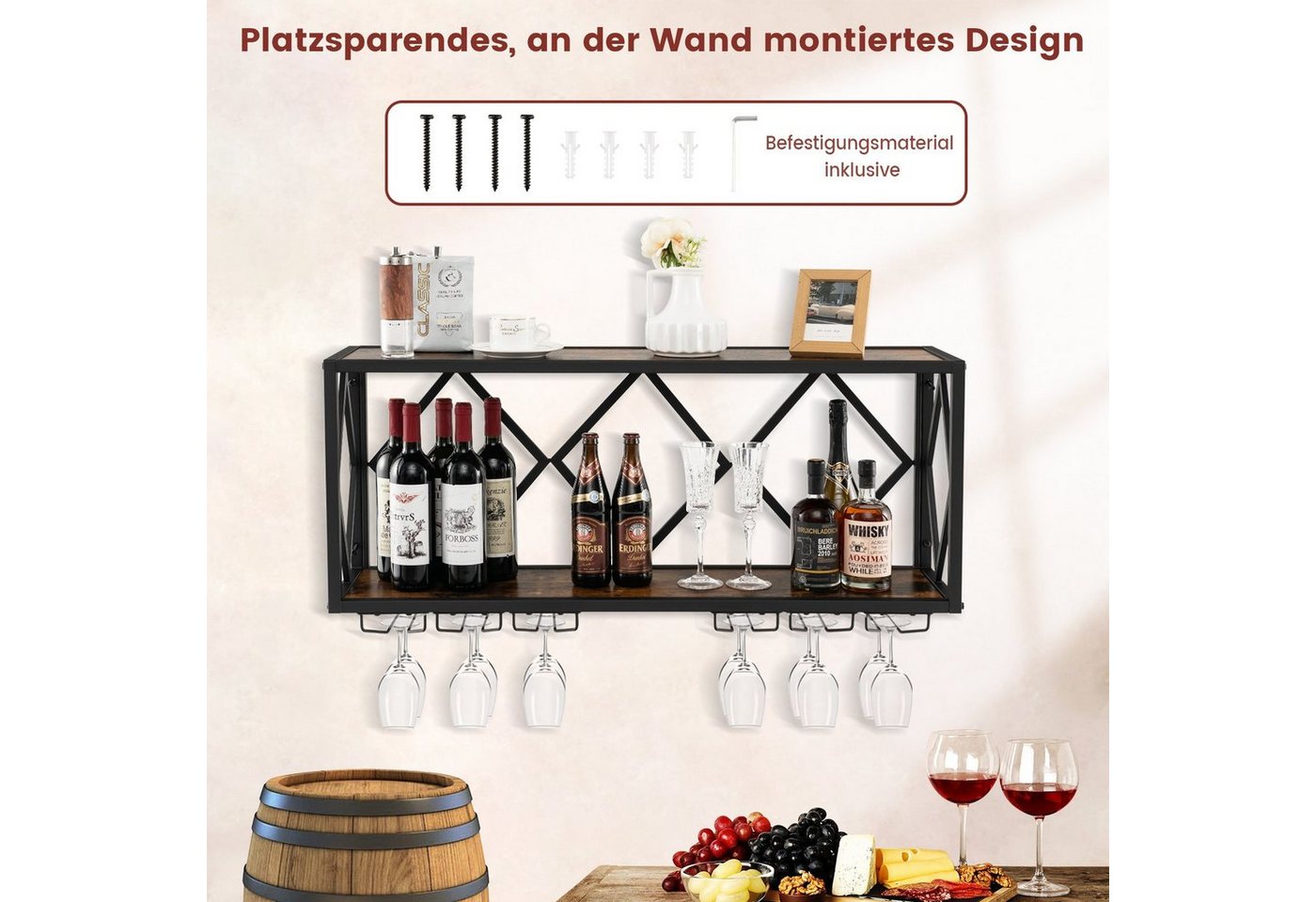COSTWAY Weinregal Wand, 2 Ebenen, Metall, 39 Flaschen&12 Gläser, 100x25x45cm – Bild 3 von 5