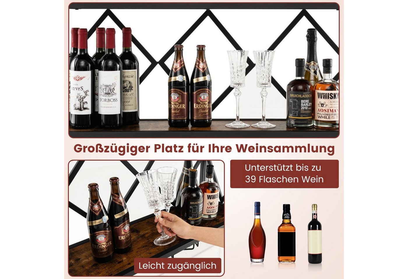 COSTWAY Weinregal Wand, 2 Ebenen, Metall, 39 Flaschen&12 Gläser, 100x25x45cm – Bild 4 von 5