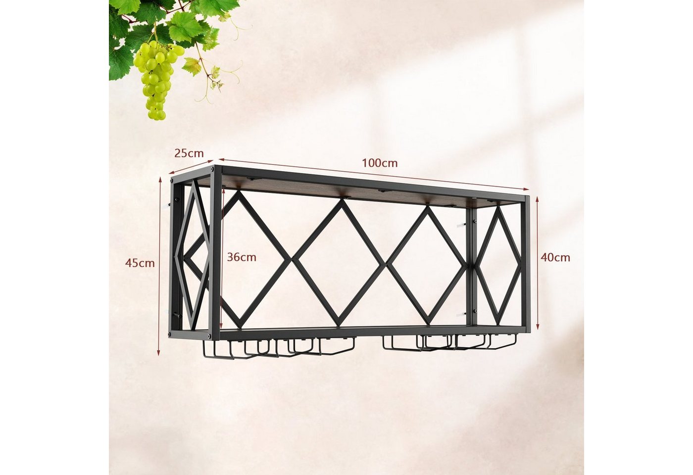 COSTWAY Weinregal Wand, 2 Ebenen, Metall, 39 Flaschen&12 Gläser, 100x25x45cm – Bild 5 von 5