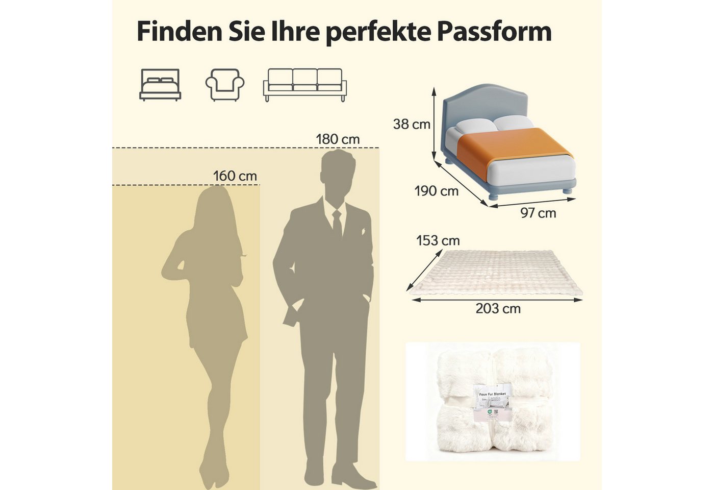 Wohndecke, COSTWAY, Kuscheldecke, Sofadecke, luxuriöse Felldecke, 153 x 203 cm – Bild 2 von 5