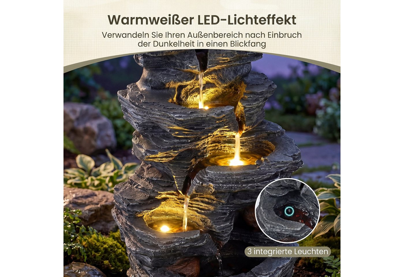 COSTWAY Zimmerbrunnen, Mit leise Pumpe, Naturstein-Optik, LED-Beleuchtung – Bild 3 von 5