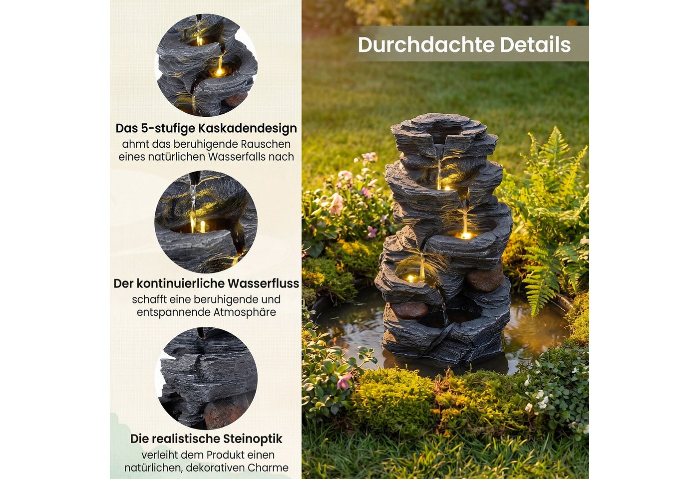 COSTWAY Zimmerbrunnen, Mit leise Pumpe, Naturstein-Optik, LED-Beleuchtung – Bild 4 von 5