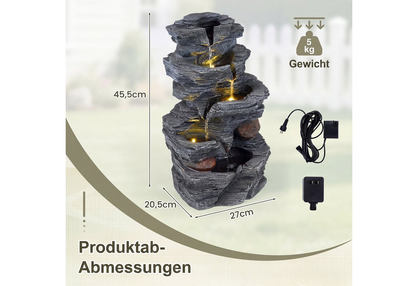 COSTWAY Zimmerbrunnen, Mit leise Pumpe, Naturstein-Optik, LED-Beleuchtung – Bild 5 von 5