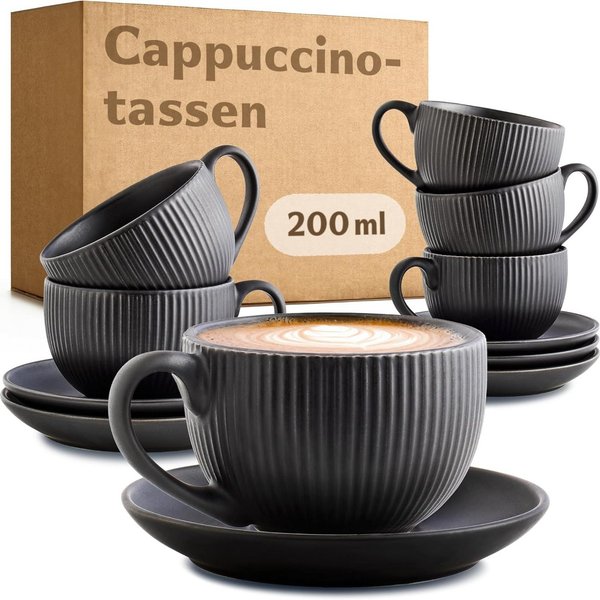 Cosumy Cappuccinotasse 6er Set mit Untertassen - 200 ml Kapazität - mattes Streifendesign, 12-tlg., Keramik, Dickwandig, hält lange warm, spülmaschinen- & mikro