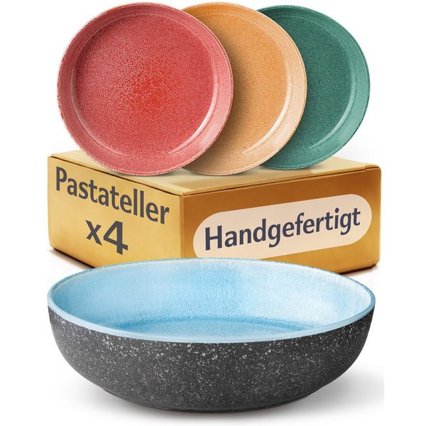 Cosumy Pastateller Steingut Geschirr Set 4 Personen – Handgefertigtes Tafelservice, (4 St), Handglasiert- Mikrowellenfest - Spülmaschinenfest – Design Geschirr