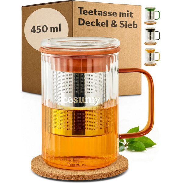 Cosumy Teeglas Teetasse mit Deckel und Sieb 450ml Orange, 1-tlg., Borosilikatglas, Edelstahl, Kork, Edelstahlfilter