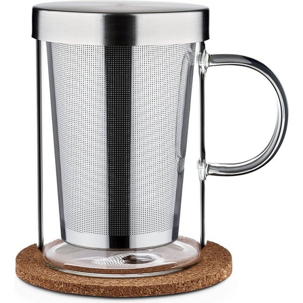 Cosumy Teeglas Teetasse mit Deckel und Sieb - Teeglas mit Sieb & Untersetzer 400ml, 1-tlg., Glas, Zubereiter inkl. Untersetzer - Geschenk Tasse - Feinmaschiger 
