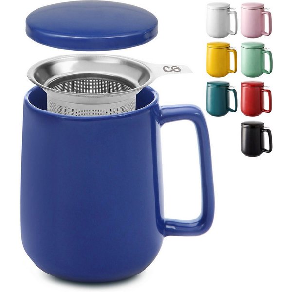 Cosumy Teeglas Teetasse mit Sieb und Deckel - Keramik Dunkelblau - Hält Lange warm, 1-tlg., Keramik, Hält Lange warm - 500 ml XXL Groß - Spülmaschinenfest