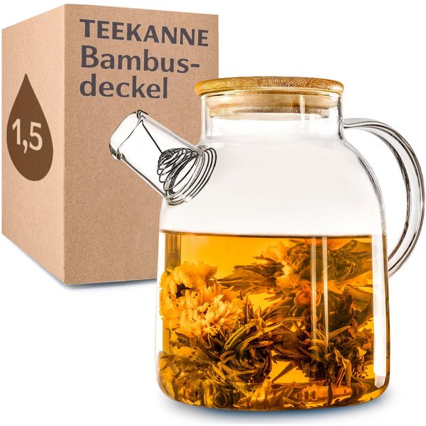 Cosumy Teekanne Teekanne Glas 1,5 Liter mit Deckel aus Bambus - Filter im Auslauf, 1500 l, (Packung, Teekanne mit Deckel), 1,5 L Teekanne mit Bambusdeckel, Filt