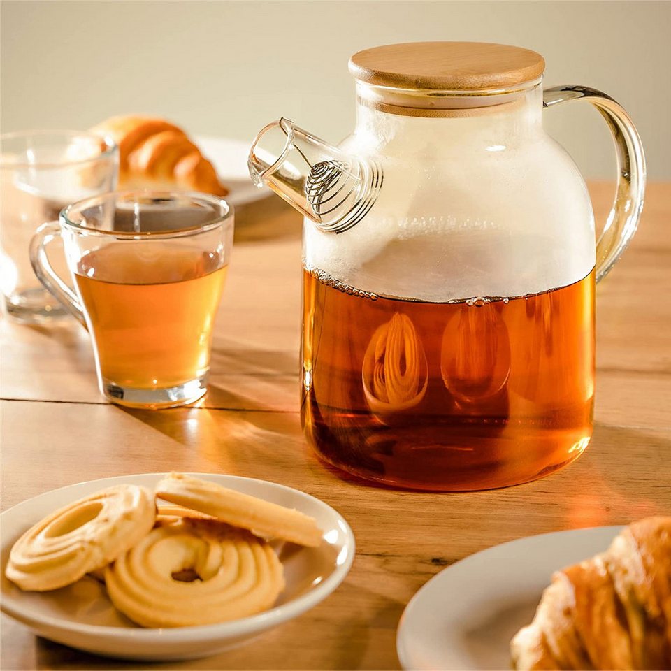 Cosumy Teekanne Teekanne Glas 1,5 Liter mit Deckel aus Bambus - Filter im Auslauf, 1500 l, (Packung, Teekanne mit Deckel), 1,5 L Teekanne mit Bambusdeckel, Filt – Bild 5 von 5