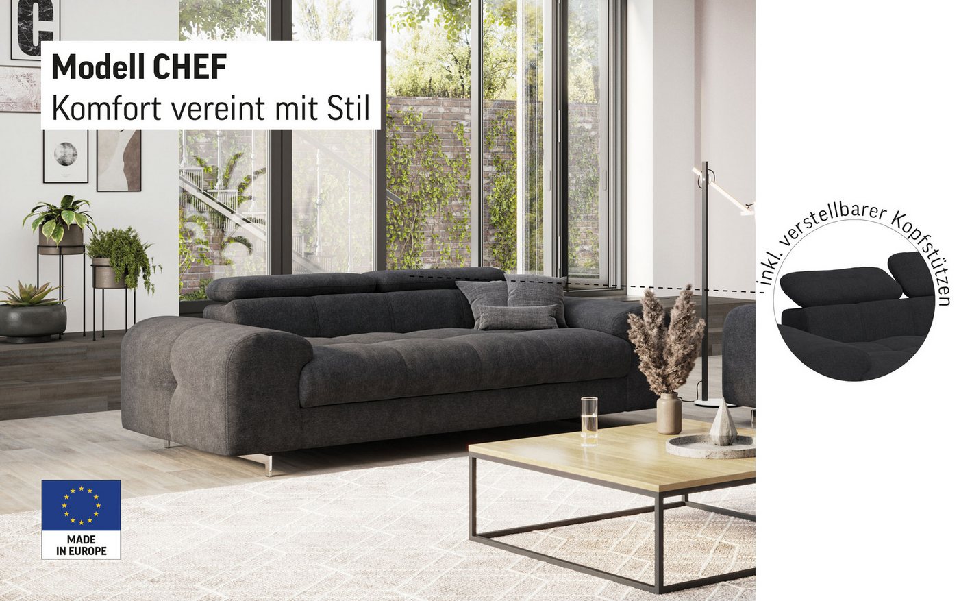 COTTA 3-Sitzer Chef, Big-Sofa mit Kopfteilverstellung, edle Metallkufen – Bild 3 von 5