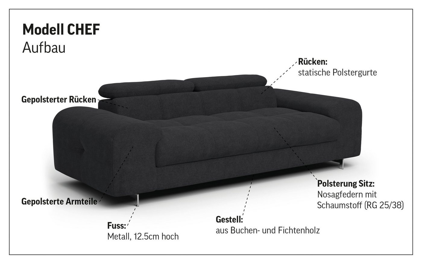 COTTA 3-Sitzer Chef, Big-Sofa mit Kopfteilverstellung, edle Metallkufen – Bild 4 von 5