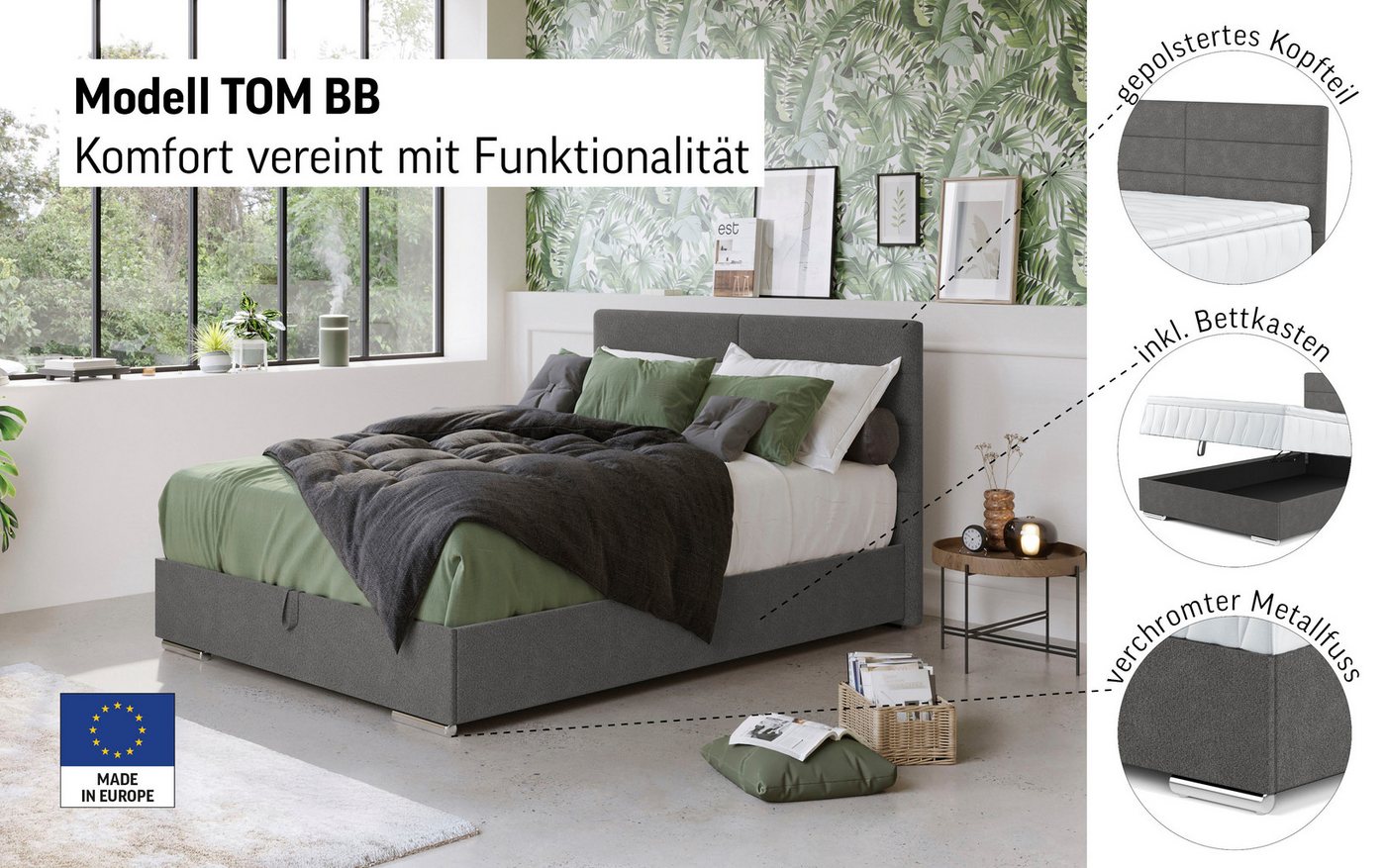COTTA Boxbett TOM, Stauraumbett mit Bettkasten & 5-Zonen-TFK-Matratze H3, Komfortschaumtopper, Struktur-oder Karostoff, 90/120/140 cm x 200 cm – Bild 3 von 5