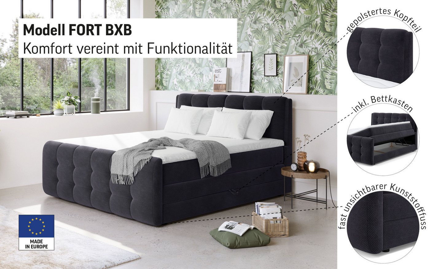 COTTA Boxspringbett FORT, Stauraumbett mit Bettkasten & 7-Zonen-TTFK-Matratze H2-H4, erhältlich in verschiedenen Breiten (160cm, 180cm & 200cm) – Bild 3 von 5