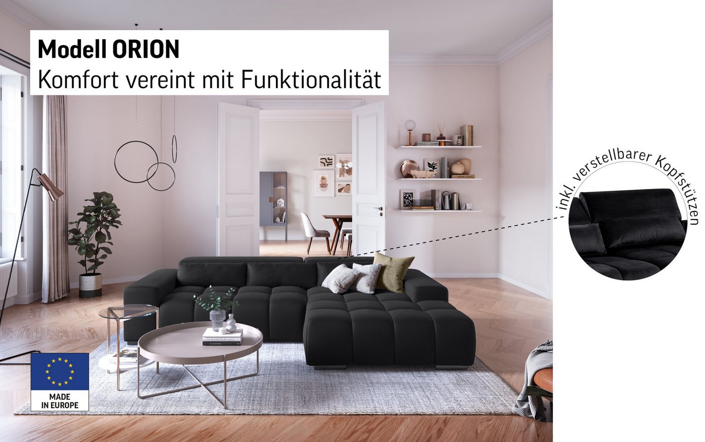 COTTA Ecksofa Orion L-Form, B: 307 cm, moderne Steppung, bequeme Wellenunterfederung, 2x Kopfteilverstellung & 3 Nierenkissen – Bild 3 von 5