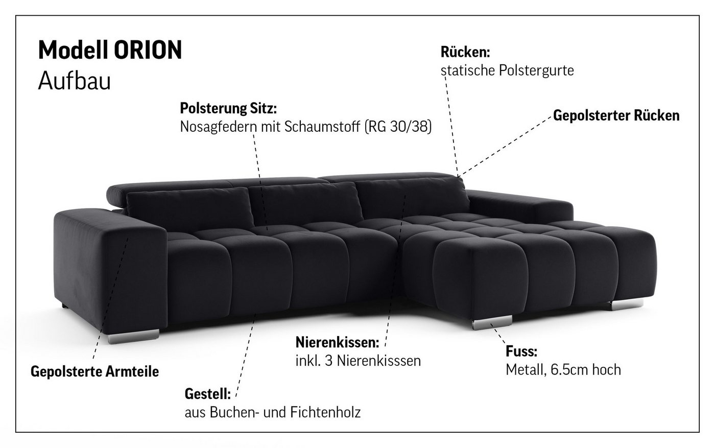 COTTA Ecksofa Orion L-Form, B: 307 cm, moderne Steppung, bequeme Wellenunterfederung, 2x Kopfteilverstellung & 3 Nierenkissen – Bild 4 von 5