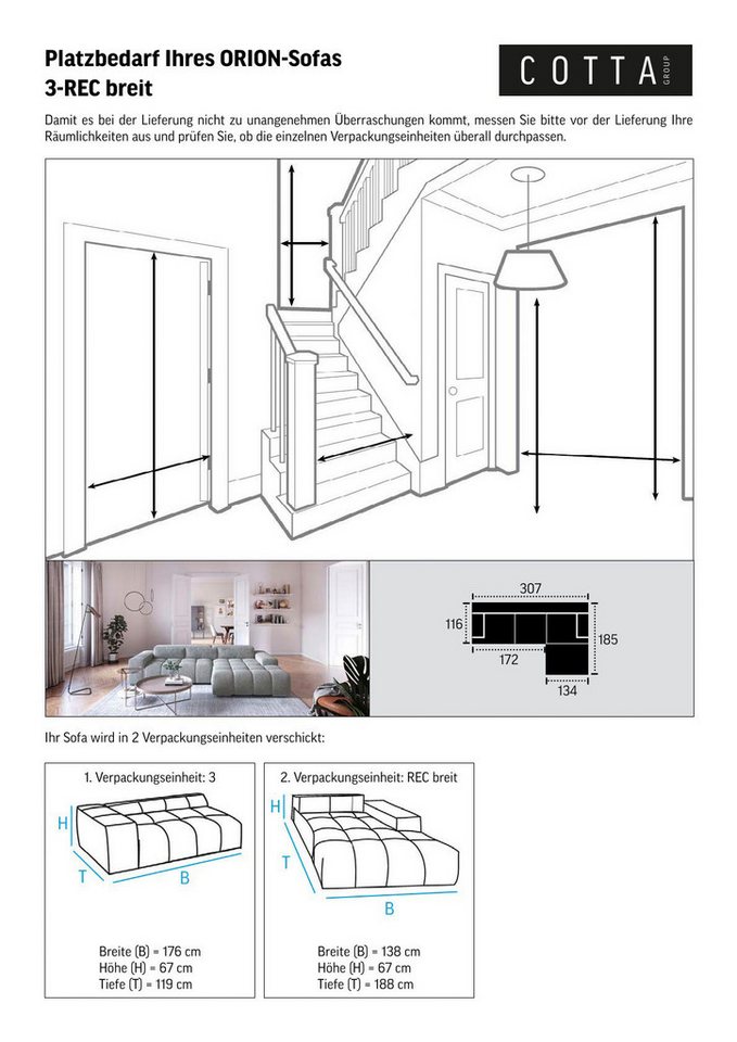 COTTA Ecksofa Orion L-Form, B: 307 cm, moderne Steppung, bequeme Wellenunterfederung, 2x Kopfteilverstellung & 3 Nierenkissen – Bild 5 von 5