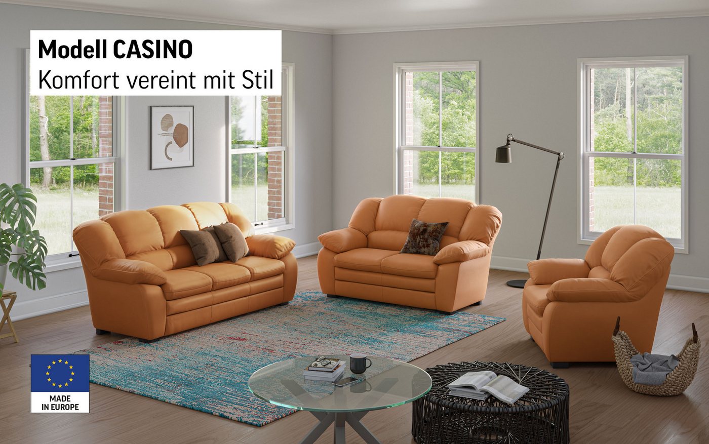COTTA Polstergarnitur Set Casino, klassische Wohnzimmergarnitur, Leder, Wellenunterfederung, (Set, 3-tlg), Sessel, 2-Sitzer, 2,5-Sitzer, hohe Rückenlehne – Bild 2 von 5