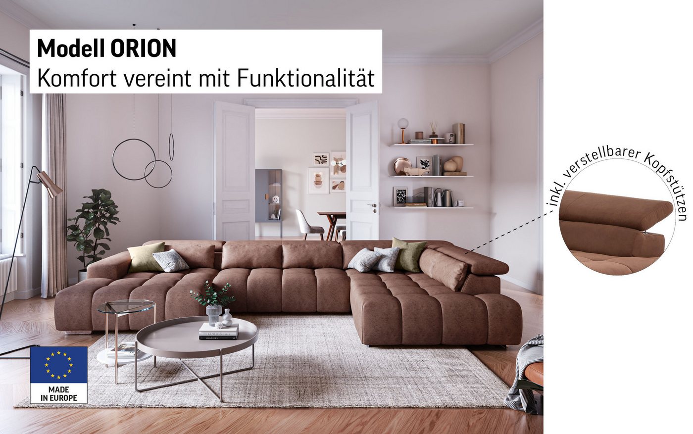 COTTA Wohnlandschaft Orion U-Form XXL, B: 409 cm, bequeme Wellenunterfederung, top modern, mit Kopfteilverstellung & 6 Nierenkissen – Bild 3 von 5