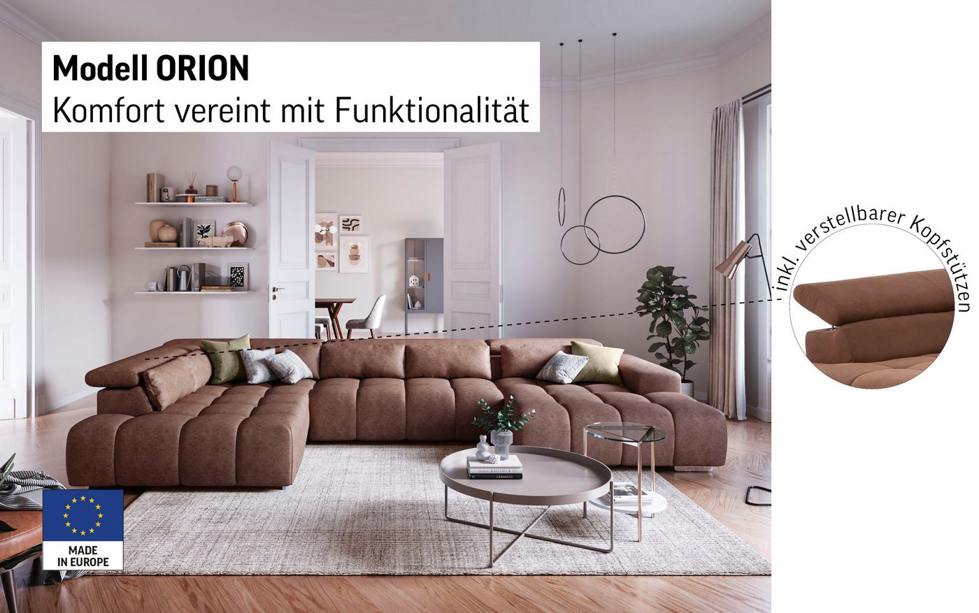 COTTA Wohnlandschaft Orion U-Form XXL, B: 409 cm, bequeme Wellenunterfederung, top modern, mit Kopfteilverstellung & 6 Nierenkissen – Bild 3 von 5