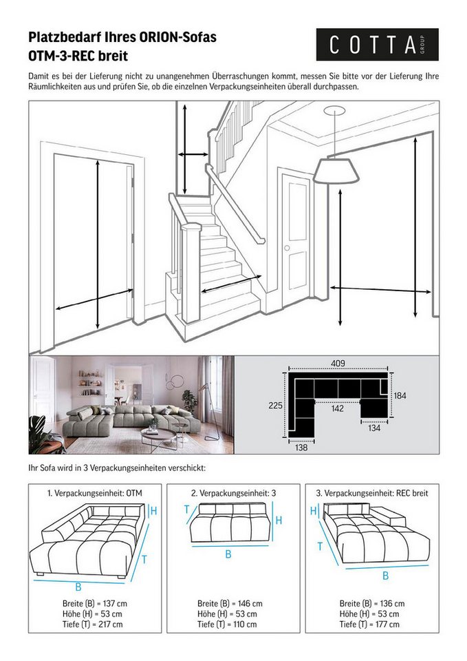 COTTA Wohnlandschaft Orion U-Form XXL, B: 409 cm, bequeme Wellenunterfederung, top modern, mit Kopfteilverstellung & 6 Nierenkissen – Bild 5 von 5