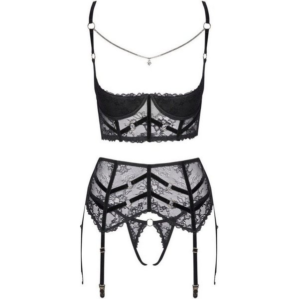 Cottelli Collection Set: Bügel-BH Dessous-Set: Brustfreier BH, String und Strapsgürtel - schwarz (3-tlg) Mit feiner weicher Stretch-Spitze gearbeitet