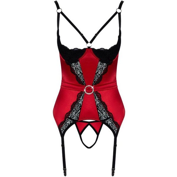 Cottelli Collection Set: Bügel-BH Strapshemd & String ouvert im Set - schwarz, rot (2-tlg) offener Schritt und Cups