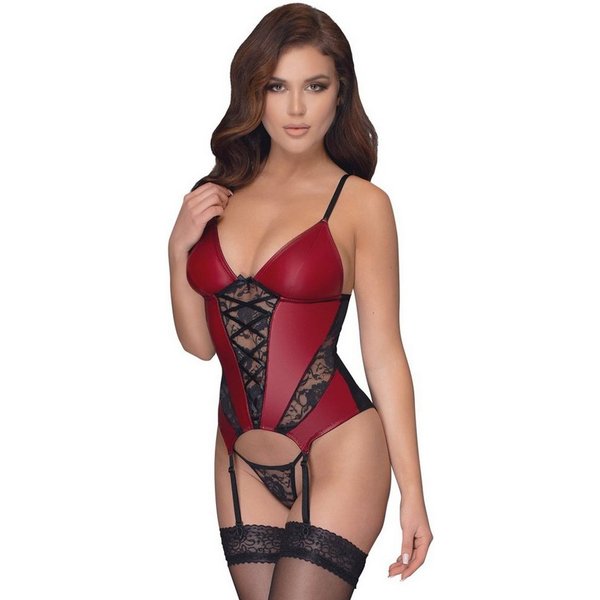 Cottelli Collection Set: Bügelloser BH Strapshemd mit String im Wetlook und Spitze - schwarz, rot (2-tlg) In aufregendem Stoff-Mix!
