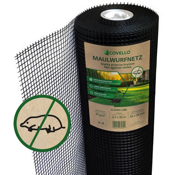 Covello Maulwurfgitter Maulwurfnetz Premium Line 35g/m² Maulwurfschutz Laubschutznetz, 5000x150x0,02 cm, 50m x 1,5m = 75m², Teichnetz Gartennetz Vogelschutznetz