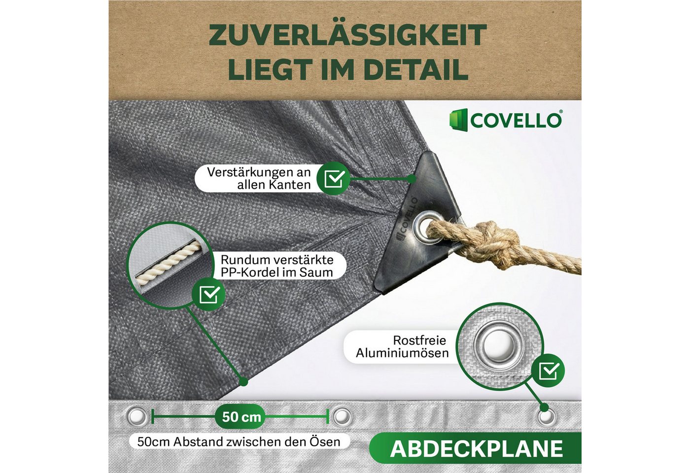 Covello Schutzplane 140g/m² silber, Abdeckplane mit Ösen wasserdicht, Plane UV-stabilisiert in vielen verschiedenen Farben & Größen – Bild 3 von 5