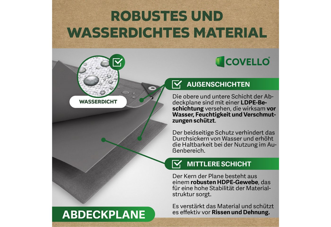 Covello Schutzplane 140g/m² silber, Abdeckplane mit Ösen wasserdicht, Plane UV-stabilisiert in vielen verschiedenen Farben & Größen – Bild 5 von 5